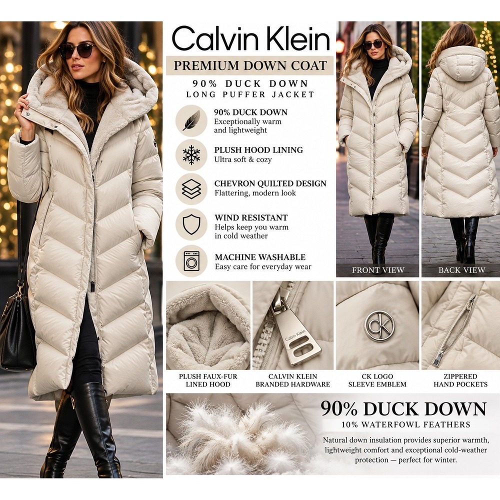 Calvin Klein Women's L 90% Duck Down Long Puffer Coat Hooded White Chevron $300